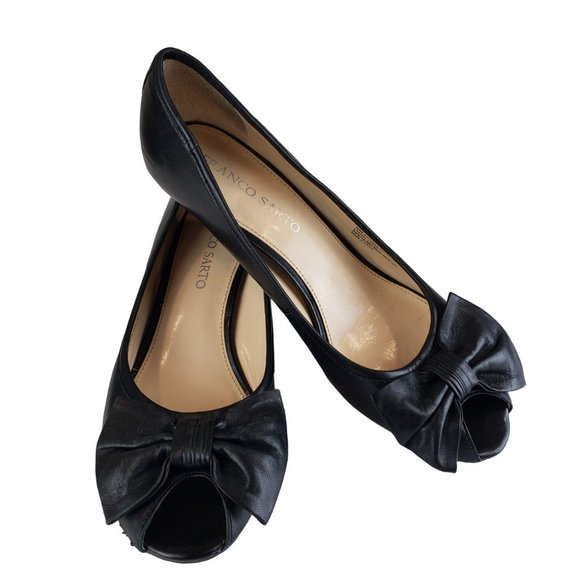 Franco Sarto Shoes - Franco Sarto Black Leather Open Toe Pump Kitten Heels with Bow 9M